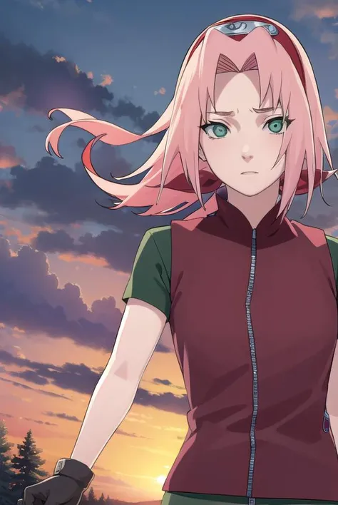 sakuraharuno, <lora:sakura haruno shippuuden-lora-nochekaiser:1>,
default sakura haruno, short hair, (green eyes:1.5), pink hair, (parted bangs:1.5), hairband, forehead protector,
BREAK gloves, green eyes, sleeveless, black gloves, (red shirt:1.5), zipper, forehead protector, konohagakure symbol, boots, bike shorts, zipper, toeless footwear,
BREAK outdoors, forest, sky, clouds, nature, sun,
BREAK looking at viewer, (cowboy shot:1.5),
BREAK <lyco:GoodHands-beta2:1>, (masterpiece:1.2), best quality, high resolution, unity 8k wallpaper, (illustration:0.8), (beautiful detailed eyes:1.6), extremely detailed face, perfect lighting, extremely detailed CG, (perfect hands, perfect anatomy),