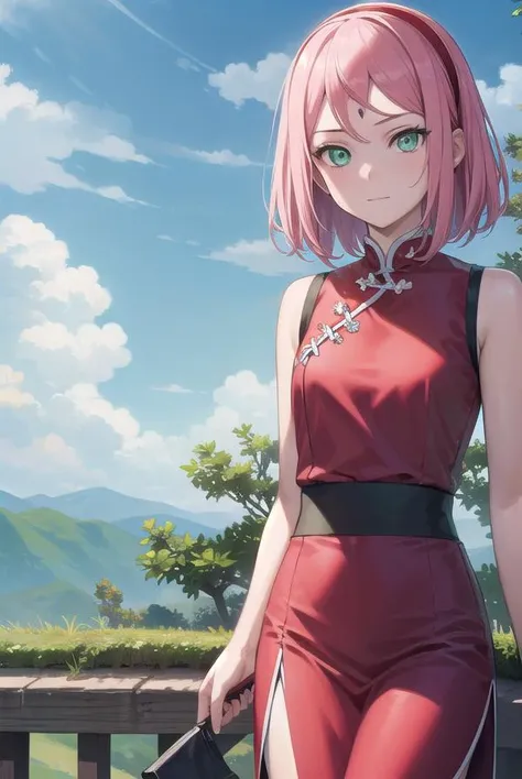 sakuraharuno, <lora:sakuraharunov3-lora-nochekaiser:1>,
sakura haruno, short hair, bangs, (green eyes:1.5), pink hair, hairband, facial mark, (forehead mark:1.2), red hairband, (swept bangs:1.5), (small breast:1.2),
BREAK chinese clothes, dress, (red dress:1.3), short skirt, black shorts, gloves, black gloves, sleeveless,
BREAK outdoors, forest, nature, sky, cloud, sun,
BREAK looking at viewer, (cowboy shot:1.5),
BREAK <lyco:GoodHands-beta2:1>, (masterpiece:1.2), best quality, high resolution, unity 8k wallpaper, (illustration:0.8), (beautiful detailed eyes:1.6), extremely detailed face, perfect lighting, extremely detailed CG, (perfect hands, perfect anatomy),