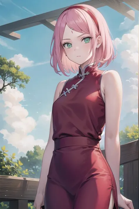 sakuraharuno, <lora:sakuraharunov3-lora-nochekaiser:1>,
sakura haruno, short hair, bangs, (green eyes:1.5), pink hair, hairband, facial mark, (forehead mark:1.2), red hairband, (swept bangs:1.5), (small breast:1.2),
BREAK chinese clothes, dress, (red dress:1.3), short skirt, black shorts, gloves, black gloves, sleeveless,
BREAK outdoors, forest, nature, sky, cloud, sun,
BREAK looking at viewer, (cowboy shot:1.5),
BREAK <lyco:GoodHands-beta2:1>, (masterpiece:1.2), best quality, high resolution, unity 8k wallpaper, (illustration:0.8), (beautiful detailed eyes:1.6), extremely detailed face, perfect lighting, extremely detailed CG, (perfect hands, perfect anatomy),