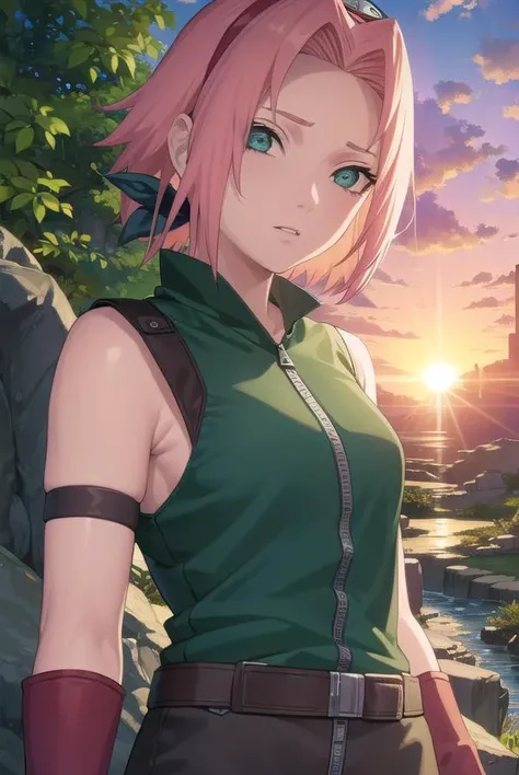 sakuraharuno, <lora:sakura haruno shippuuden-lora-nochekaiser:1>,
default sakura haruno, short hair, (green eyes:1.5), pink hair, (parted bangs:1.5),
BREAK gloves, green eyes, sleeveless, black gloves, red shirt, zipper, forehead protector, konohagakure symbol,
BREAK outdoors, forest, sky, clouds, nature, sun,
BREAK looking at viewer, (cowboy shot:1.5),
BREAK <lyco:GoodHands-beta2:1>, (masterpiece:1.2), best quality, high resolution, unity 8k wallpaper, (illustration:0.8), (beautiful detailed eyes:1.6), extremely detailed face, perfect lighting, extremely detailed CG, (perfect hands, perfect anatomy),