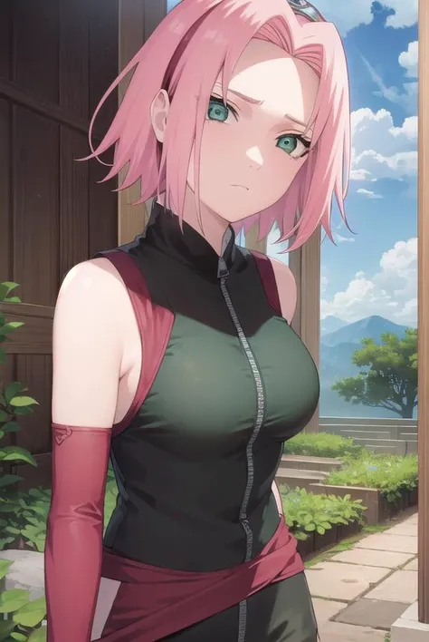 sakuraharuno, <lora:sakura haruno shippuuden-lora-nochekaiser:1>,
default sakura haruno, short hair, (green eyes:1.5), pink hair, (parted bangs:1.5),
BREAK gloves, green eyes, sleeveless, black gloves, red shirt, zipper, forehead protector, konohagakure symbol,
BREAK outdoors, forest, sky, clouds, nature, sun,
BREAK looking at viewer, (cowboy shot:1.5),
BREAK <lyco:GoodHands-beta2:1>, (masterpiece:1.2), best quality, high resolution, unity 8k wallpaper, (illustration:0.8), (beautiful detailed eyes:1.6), extremely detailed face, perfect lighting, extremely detailed CG, (perfect hands, perfect anatomy),