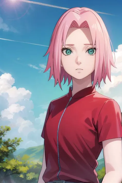 sakuraharuno, <lora:sakura haruno shippuuden-lora-nochekaiser:1>,
noheadband sakura haruno, short hair, (green eyes:1.5), pink hair,
BREAK shirt, (red shirt:1.5), short sleeves, vest,
BREAK outdoors, forest, sky, clouds, nature, sun,
BREAK looking at viewer, (cowboy shot:1.5),
BREAK <lyco:GoodHands-beta2:1>, (masterpiece:1.2), best quality, high resolution, unity 8k wallpaper, (illustration:0.8), (beautiful detailed eyes:1.6), extremely detailed face, perfect lighting, extremely detailed CG, (perfect hands, perfect anatomy),