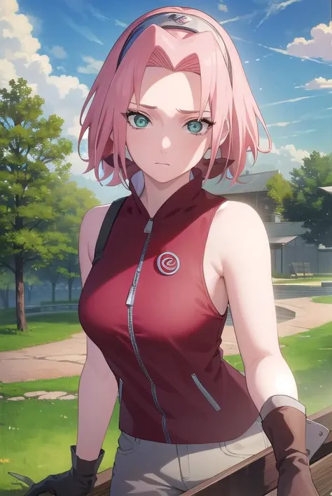 sakuraharuno, <lora:sakura haruno shippuuden-lora-nochekaiser:1>,
default sakura haruno, short hair, (green eyes:1.5), pink hair, (parted bangs:1.5),
BREAK gloves, green eyes, sleeveless, black gloves, red shirt, zipper, forehead protector, konohagakure symbol,
BREAK outdoors, forest, sky, clouds, nature, sun,
BREAK looking at viewer, (cowboy shot:1.5),
BREAK <lyco:GoodHands-beta2:1>, (masterpiece:1.2), best quality, high resolution, unity 8k wallpaper, (illustration:0.8), (beautiful detailed eyes:1.6), extremely detailed face, perfect lighting, extremely detailed CG, (perfect hands, perfect anatomy),