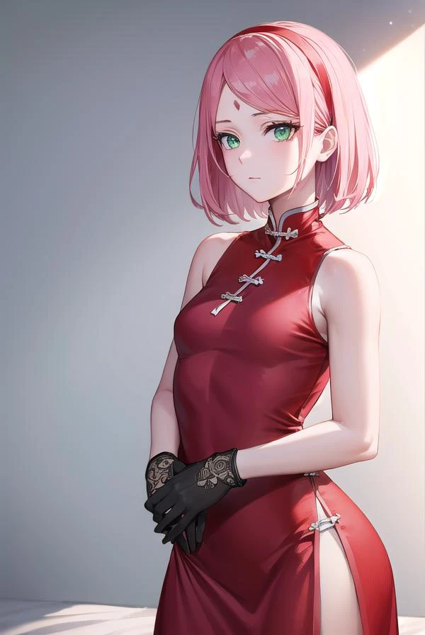 sakuraharuno, <lora:sakuraharunov2-lora-nochekaiser:1>,
sakura haruno, short hair, bangs, (green eyes:1.5), pink hair, hairband, facial mark, (forehead mark:1.2), red hairband, (swept bangs:1.5), (small breast:1.2),
BREAK chinese clothes, dress, (red dress:1.5), short skirt, black shorts, gloves, black gloves, sleeveless,
BREAK looking at viewer,
BREAK indoors, bed,
BREAK <lyco:GoodHands-beta2:1>, (masterpiece:1.2), best quality, high resolution, unity 8k wallpaper, (illustration:0.8), (beautiful detailed eyes:1.6), extremely detailed face, perfect lighting, extremely detailed CG, (perfect hands, perfect anatomy),