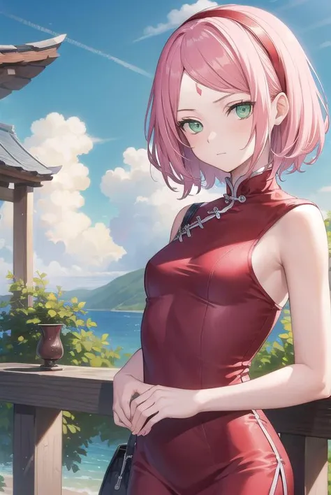 sakuraharuno, <lora:sakuraharunov3-lora-nochekaiser:1>,
sakura haruno, short hair, bangs, (green eyes:1.5), pink hair, hairband, facial mark, (forehead mark:1.2), red hairband, (swept bangs:1.5), (small breast:1.2),
BREAK chinese clothes, dress, (red dress:1.3), short skirt, black shorts, gloves, black gloves, sleeveless,
BREAK outdoors, forest, nature, sky, cloud, sun,
BREAK looking at viewer, (cowboy shot:1.5),
BREAK <lyco:GoodHands-beta2:1>, (masterpiece:1.2), best quality, high resolution, unity 8k wallpaper, (illustration:0.8), (beautiful detailed eyes:1.6), extremely detailed face, perfect lighting, extremely detailed CG, (perfect hands, perfect anatomy),