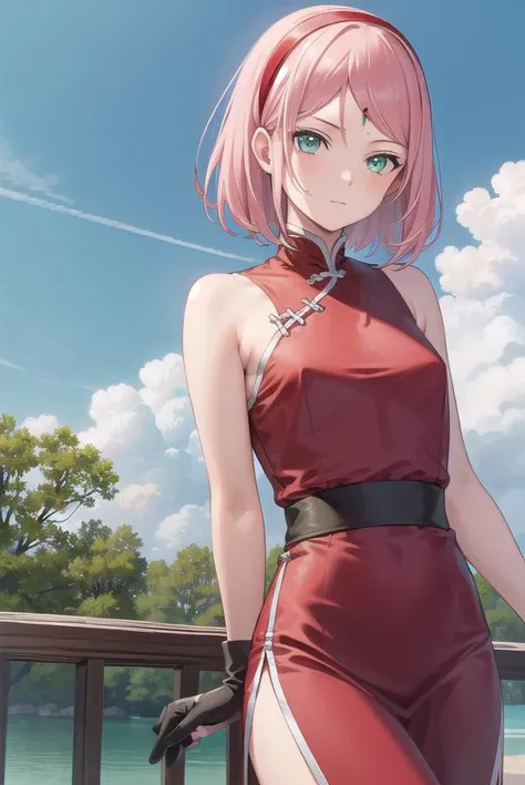 sakuraharuno, <lora:sakuraharunov3-lora-nochekaiser:1>,
sakura haruno, short hair, bangs, (green eyes:1.5), pink hair, hairband, facial mark, (forehead mark:1.2), red hairband, (swept bangs:1.5), (small breast:1.2),
BREAK chinese clothes, dress, (red dress:1.3), short skirt, black shorts, gloves, black gloves, sleeveless,
BREAK outdoors, forest, nature, sky, cloud, sun,
BREAK looking at viewer, (cowboy shot:1.5),
BREAK <lyco:GoodHands-beta2:1>, (masterpiece:1.2), best quality, high resolution, unity 8k wallpaper, (illustration:0.8), (beautiful detailed eyes:1.6), extremely detailed face, perfect lighting, extremely detailed CG, (perfect hands, perfect anatomy),