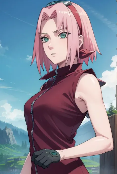 sakuraharuno, <lora:sakura haruno shippuuden-lora-nochekaiser:1>,
default sakura haruno, short hair, (green eyes:1.5), pink hair, (parted bangs:1.5), hairband, forehead protector,
BREAK gloves, green eyes, sleeveless, black gloves, (red shirt:1.5), zipper, forehead protector, konohagakure symbol, boots, bike shorts, zipper, toeless footwear,
BREAK outdoors, forest, sky, clouds, nature, sun,
BREAK looking at viewer, (cowboy shot:1.5),
BREAK <lyco:GoodHands-beta2:1>, (masterpiece:1.2), best quality, high resolution, unity 8k wallpaper, (illustration:0.8), (beautiful detailed eyes:1.6), extremely detailed face, perfect lighting, extremely detailed CG, (perfect hands, perfect anatomy),