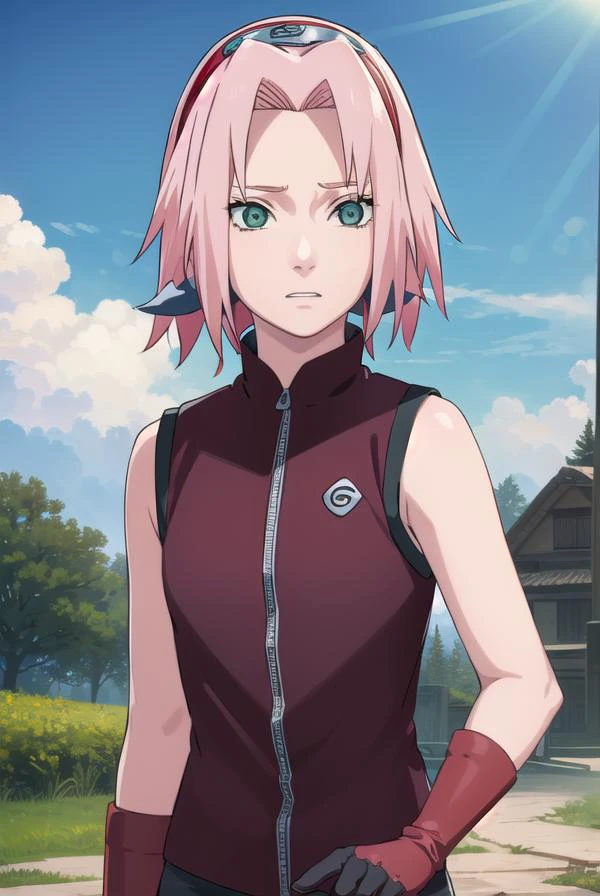 sakuraharuno, <lora:sakura haruno shippuuden-lora-nochekaiser:1>,
default sakura haruno, short hair, (green eyes:1.5), pink hair, (parted bangs:1.5), hairband, forehead protector,
BREAK gloves, green eyes, sleeveless, black gloves, (red shirt:1.5), zipper, forehead protector, konohagakure symbol, boots, bike shorts, zipper, toeless footwear,
BREAK outdoors, forest, sky, clouds, nature, sun,
BREAK looking at viewer, (cowboy shot:1.5),
BREAK <lyco:GoodHands-beta2:1>, (masterpiece:1.2), best quality, high resolution, unity 8k wallpaper, (illustration:0.8), (beautiful detailed eyes:1.6), extremely detailed face, perfect lighting, extremely detailed CG, (perfect hands, perfect anatomy),