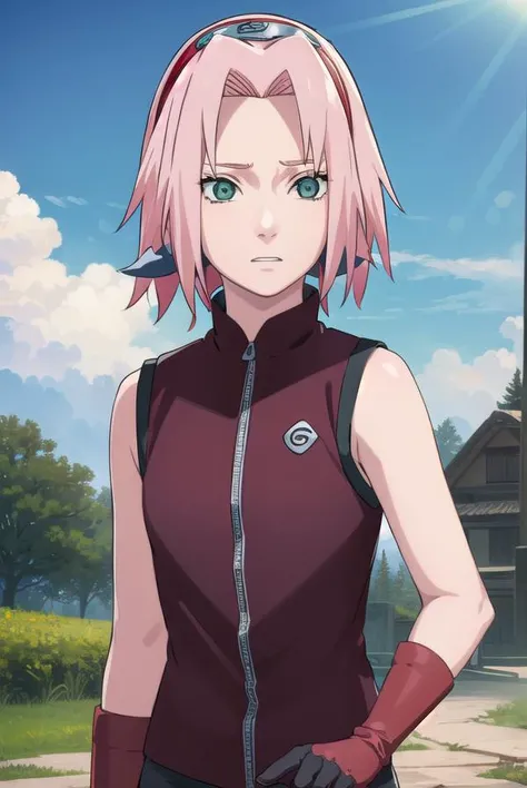 sakuraharuno, <lora:sakura haruno shippuuden-lora-nochekaiser:1>,
default sakura haruno, short hair, (green eyes:1.5), pink hair, (parted bangs:1.5), hairband, forehead protector,
BREAK gloves, green eyes, sleeveless, black gloves, (red shirt:1.5), zipper, forehead protector, konohagakure symbol, boots, bike shorts, zipper, toeless footwear,
BREAK outdoors, forest, sky, clouds, nature, sun,
BREAK looking at viewer, (cowboy shot:1.5),
BREAK <lyco:GoodHands-beta2:1>, (masterpiece:1.2), best quality, high resolution, unity 8k wallpaper, (illustration:0.8), (beautiful detailed eyes:1.6), extremely detailed face, perfect lighting, extremely detailed CG, (perfect hands, perfect anatomy),