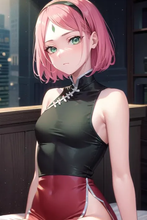 sakuraharuno, <lora:sakuraharunov2-lora-nochekaiser:1>,
sakura haruno, short hair, bangs, (green eyes:1.5), pink hair, hairband, facial mark, (forehead mark:1.2), red hairband, (swept bangs:1.5), (small breast:1.2),
BREAK chinese clothes, dress, red dress, short skirt, black shorts, gloves, black gloves, sleeveless,
BREAK looking at viewer,
BREAK indoors, bed,
BREAK <lyco:GoodHands-beta2:1>, (masterpiece:1.2), best quality, high resolution, unity 8k wallpaper, (illustration:0.8), (beautiful detailed eyes:1.6), extremely detailed face, perfect lighting, extremely detailed CG, (perfect hands, perfect anatomy),