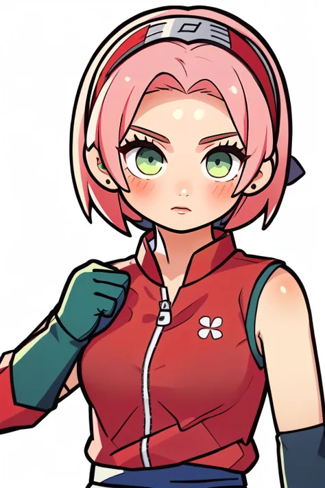 (masterpiece, best quality), intricate details,
(1girl), <lora:sakuraharunotest-000010:0.8> sakura haruno, (green eyes:1.5), hairband, short hair, pink hair, (small breast:1.2),, bare shoulders, black gloves, forehead protector, gloves, konohagakure symbol, ninja, (red shirt:1.5), shirt, sleeveless, sleeveless shirt,,