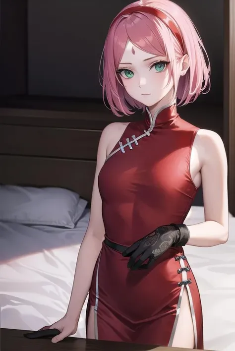 sakuraharuno, <lyco:sakuraharunov2-lyco-nochekaiser:1>,
sakura haruno, short hair, bangs, (green eyes:1.5), pink hair, hairband, facial mark, (forehead mark:1.2), red hairband, (swept bangs:1.5), (small breast:1.2),
BREAK chinese clothes, dress, (red dress:1.3), short skirt, black shorts, gloves, black gloves, sleeveless,
BREAK looking at viewer,
BREAK indoors, bed,
BREAK <lyco:GoodHands-beta2:1>, (masterpiece:1.2), best quality, high resolution, unity 8k wallpaper, (illustration:0.8), (beautiful detailed eyes:1.6), extremely detailed face, perfect lighting, extremely detailed CG, (perfect hands, perfect anatomy),