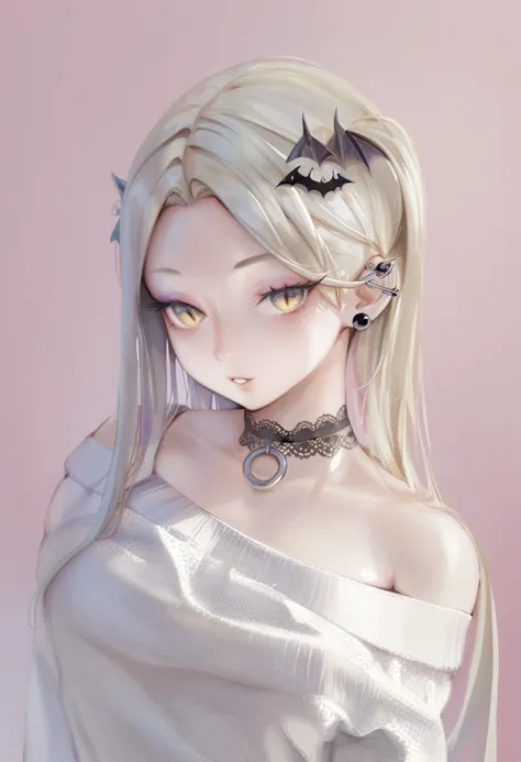 score_9, score_8_up, score_7_up, score_6_up, <lora:jimaXL_P6_lokr_V4304:0.95> 1girl, solo, bat hair ornament, choker, long hair, hair ornament, blonde hair, jewelry, earrings, eyeshadow, looking at viewer, black choker, makeup, yellow eyes, off shoulder, simple background, parted lips, bare shoulders, collarbone, sweater, ear piercing, eyelashes, piercing, white background, white sweater, upper body, off-shoulder shirt, lace choker, portrait, parted bangs, off-shoulder sweater, pink background