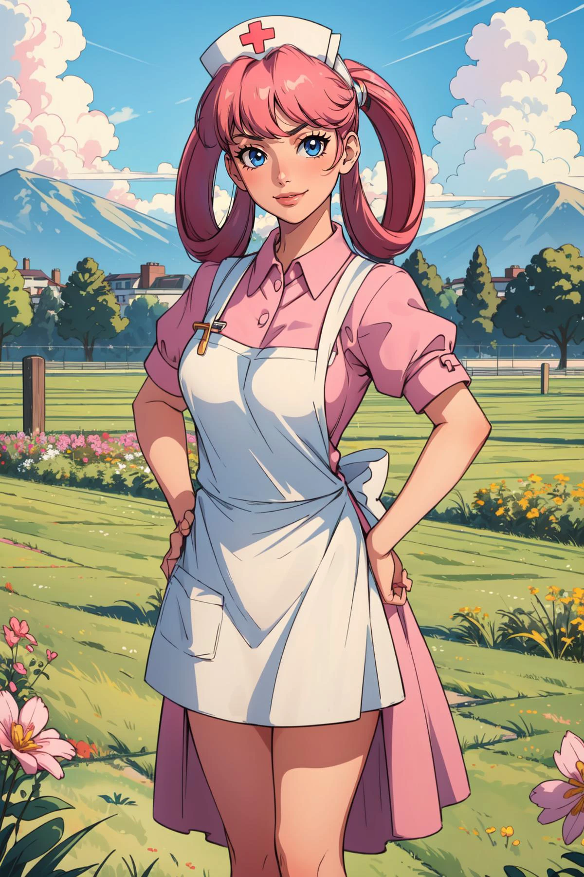 (masterpiece, best quality), intricate details,
1girl, <lora:nurse_joy_v1:0.8> nurse joy, hair rings, bangs, nurse cap, pink collared dress, apron
outdoors, grass, hands on hips, smug,