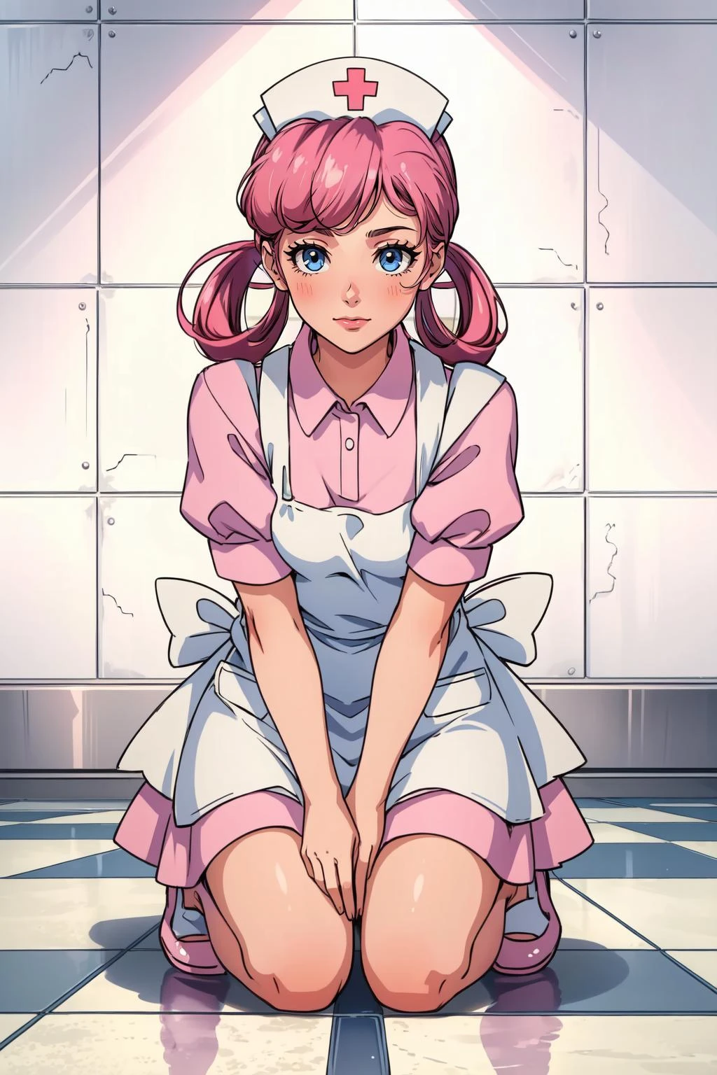 (masterpiece, best quality), intricate details,
1girl, <lora:nurse_joy_v1:0.8> nurse joy, hair rings, bangs, nurse cap, pink collared dress, apron
kneeling, hospital, tile floor,
