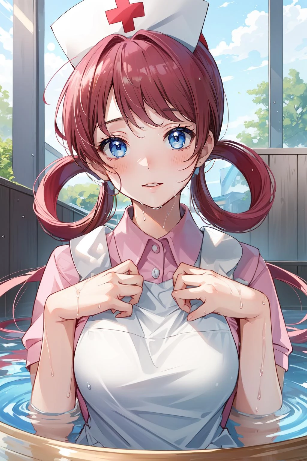 (masterpiece, best quality), intricate details,
1girl, <lora:nurse_joy_v1:0.8> nurse joy, hair rings, bangs, nurse cap, pink collared dress, apron
bathing, onsen, wet clothes,