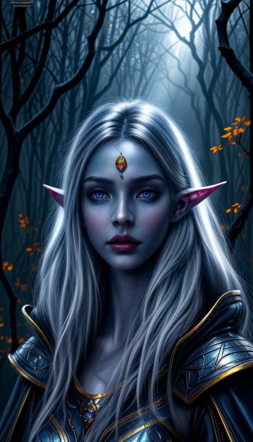 (best quality:1.4), (ultra highres:1.2), (photorealistic:1.4), (8k, RAW photo:1.2), ultra detailed, digital art piece of a beautiful, feminine, elegant, and graceful drow elf, featuring the fine detail and texture reminiscent of modern digital surreal paintings. She has a feminine and majestic appearance, with (shining amber colored highly detailed eyes looking at viewer:1.4) and full lips. Her skin is a unique blue shade, and her ears are subtly pointed. The background features a mystical dimension, framed by plants and trees, rendered with a dream-like quality. Use HDR techniques to enhance the vibrancy and depth of the image. Sidelighting should be employed to dramatically illuminate the subject, emphasizing the intricate details of her face and the surreal environment. <lora:more_details:0.45>, <lora:beautifulDetailedEyes_v10:0.1>, <lora:lips:0.8>full lips, big lips, gorgeous lips, <lora:wlop_offset:0.8> wlop, <lora:drow_offset:0.8> drow, blue skin, (pointy ears:0.4)
