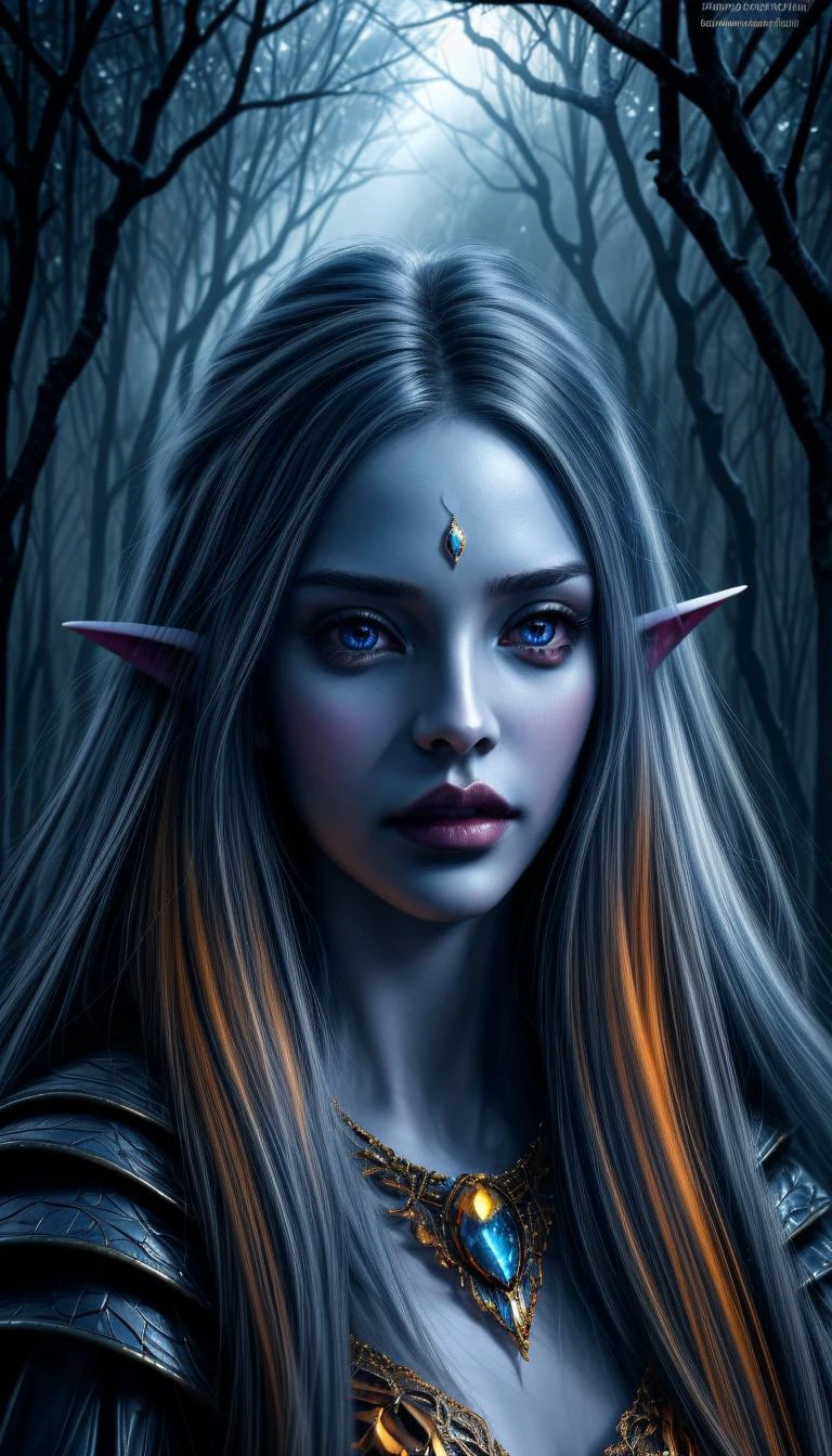 (best quality:1.4), (ultra highres:1.2), (photorealistic:1.4), (8k, RAW photo:1.2), ultra detailed, digital art piece of a beautiful, feminine, elegant, and graceful drow elf, featuring the fine detail and texture reminiscent of modern digital surreal paintings. She has a feminine and majestic appearance, with (shining amber colored highly detailed eyes looking at viewer:1.4) and full lips. Her skin is a unique blue shade, and her ears are subtly pointed. The background features a mystical dimension, framed by plants and trees, rendered with a dream-like quality. Use HDR techniques to enhance the vibrancy and depth of the image. Sidelighting should be employed to dramatically illuminate the subject, emphasizing the intricate details of her face and the surreal environment. <lora:more_details:0.45>, <lora:beautifulDetailedEyes_v10:0.1>, <lora:lips:0.8>full lips, big lips, gorgeous lips, <lora:wlop_offset:0.8> wlop, <lora:drow_offset:0.8> drow, blue skin, (pointy ears:0.4)