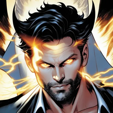 comic book art, mark pellegrino as lucifer, 1boy, male focus, solo, extreme light and shadow, specular highlights, lucifer from supernatural, art by ed benes