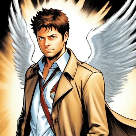 comic book art, misha collins as castiel, 1boy, male focus, solo, extreme light and shadow, specular highlights, castiel from supernatural, art by ed benes