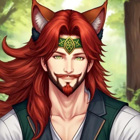 Nekopara, Kawaii, Miqo'te, Odin Nathaniel Ellis, celtic osenayan catboy, norse heritage, age mid 30s, tattoos, mid length hair, undercut, red hair, american gods style, attractive male, cat ears, animal ears, animal ear fluff, short beard american, stubble, slender, slightly nerdy, very dad like, art by ed benes