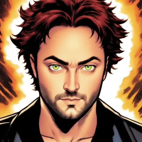 comic book art, mark sheppard as crowley, 1boy, male focus, solo, extreme light and shadow, specular highlights, crowey from supernatural, art by ed benes