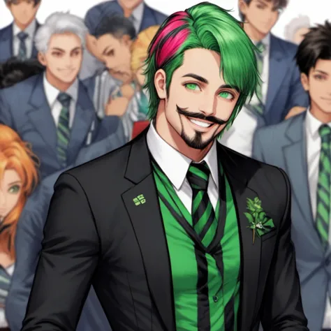 1boy, male focus, solo, facial hair, necktie, smile, beard, grin, green hair, heterochromia, formal, looking at viewer, prison clothes, striped suit, suit