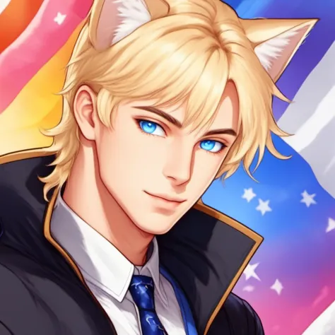 Tiergan Aisi Solas, 1boy, male focus, solo, solo focus, nekopara, blonde hair, facial hair, gayer than gay, gay nightmare, friendly, 80s style clothing, blue eyes, american heritage, detailed face, detailed eyes, specular highlights, best illustration,