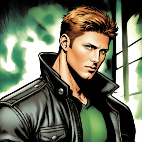 comic book art, jensen ackles as dean winchester, 1boy, male focus, solo, extreme light and shadow, specular highlights, dean winchester from supernatural, art by ed benes