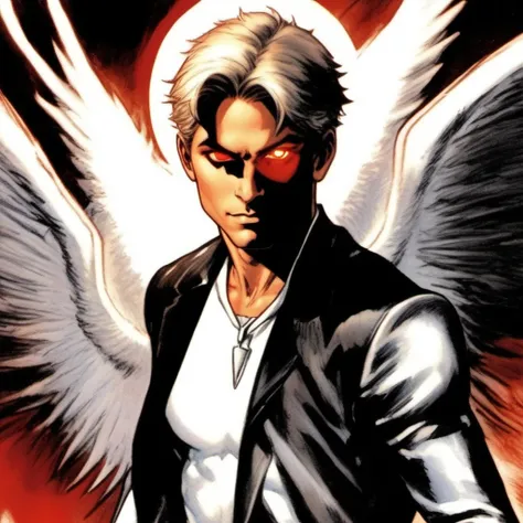 comic book art, mark pelligrino as lucifer, 1boy, male focus, solo, extreme light and shadow, specular highlights, lucifer from supernatural, art by ed benes