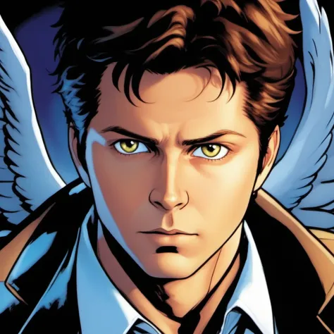 comic book art, misha collins as castiel, 1boy, male focus, solo, extreme light and shadow, specular highlights, castiel from supernatural, art by ed benes