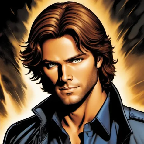 comic book art, jared padaleki as sam winchester, solo, extreme light and shadow, specular highlights, sam winchester from supernatural, art by ed benes