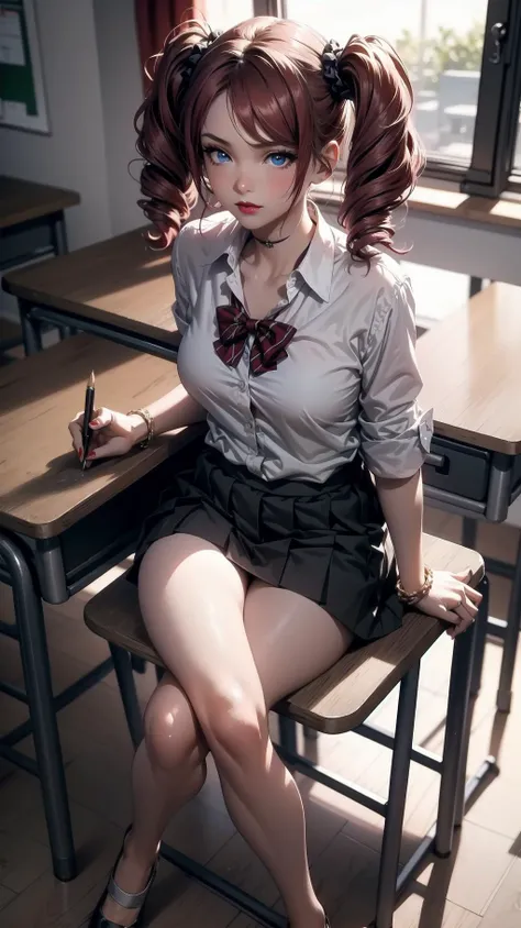 full body:1.2, from above:1.2, low angle, 1girl, (tall, skinny, small breast), (suntan:1.2), (crimson red hair, Long Twintails, blue eyes), slightly makeup, red lips, perfect face, perfect eyes, detailed face, detailed eyes, school uniform, classroom, evil smirk, (sitting on the desk, crossed legs),<lora:AnimeGal_v10:1>, gyaru:1.2, (master piece:1.2, best quality:1.2, perfect lighting, natural lighting, highres, 8K, 4K, UHD, Ultra Detailed 8K CG, extremely detailed CG unity 8k wallpaper, ultra high res, High quality texture, High quality shadow, vivid colors, soft HDR)