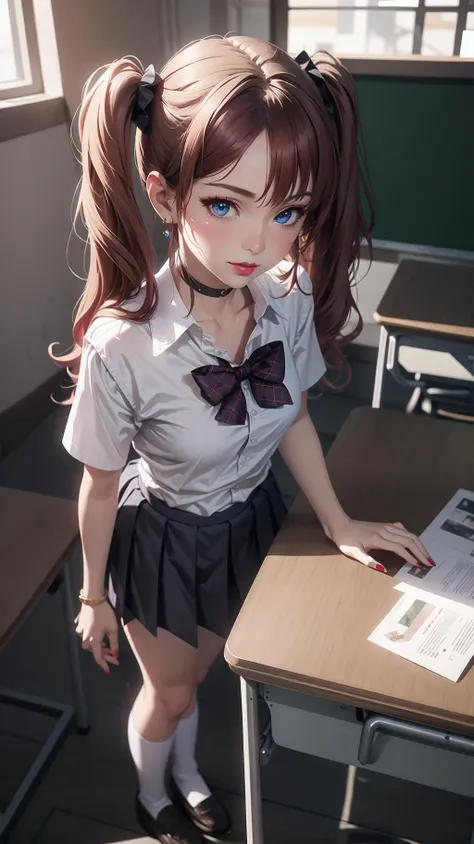 (from above:1.4), 1girl, (tall, skinny, small breast), (suntan:1.2), (crimson red hair, Long Twintails, blue eyes), slightly makeup, red lips, perfect face, perfect eyes, detailed face, detailed eyes, school uniform, classroom, (lying on back:1.4, on desk), evil smirk,<lora:AnimeGal_v10:1>, gyaru:1.2, (master piece:1.2, best quality:1.2, perfect lighting, natural lighting, highres, 8K, 4K, UHD, Ultra Detailed 8K CG, extremely detailed CG unity 8k wallpaper, ultra high res, High quality texture, High quality shadow, vivid colors, soft HDR)