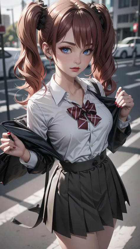 1girl, (tall, skinny, small breast), (suntan:1.2), (crimson red hair, Long Twintails, blue eyes), slightly makeup, red lips, perfect face, perfect eyes, detailed face, detailed eyes, school uniform, walking in the city, evil smirk,<lora:AnimeGal_v10:1>, gyaru:1.2, (master piece:1.2, best quality:1.2, perfect lighting, natural lighting, highres, 8K, 4K, UHD, Ultra Detailed 8K CG, extremely detailed CG unity 8k wallpaper, ultra high res, High quality texture, High quality shadow, vivid colors, soft HDR)