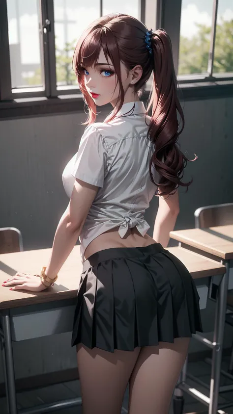 1girl, ass, anus, red_hair, skirt, breasts, desk, underwear, blush, indoors, window, panties, sitting, looking_at_viewer, looking_back, large_breasts, thong, partially visible vulva, long_hair, clothes lift, from behind, black_skirt, white_panties, back, cameltoe, ass_focus, shirt, huge_ass, on_desk, white_shirt, school_desk, skirt_lift, shiny_skin, sitting_on_desk