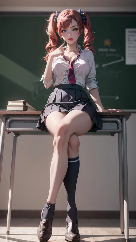 full body:1.2, from below:1.2, low angle, 1girl, (tall, skinny, small breast), (suntan:1.2), (crimson red hair, Long Twintails, blue eyes), slightly makeup, red lips, perfect face, perfect eyes, detailed face, detailed eyes, school uniform, classroom, evil smirk, (sitting on the desk, crossed legs),<lora:AnimeGal_v10:1>, gyaru:1.2, (master piece:1.2, best quality:1.2, perfect lighting, natural lighting, highres, 8K, 4K, UHD, Ultra Detailed 8K CG, extremely detailed CG unity 8k wallpaper, ultra high res, High quality texture, High quality shadow, vivid colors, soft HDR)