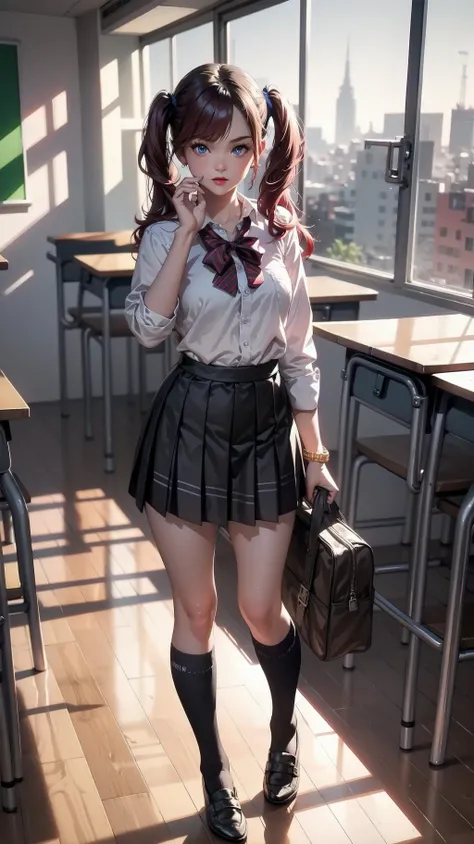 full body:1.2, cowboy shot, 1girl, (tall, skinny, small breast), (suntan:1.2), (crimson red hair, Long Twintails, blue eyes), slightly makeup, red lips, perfect face, perfect eyes, detailed face, detailed eyes, school uniform, classroom, evil smirk,<lora:AnimeGal_v10:1>, gyaru:1.2, (master piece:1.2, best quality:1.2, perfect lighting, natural lighting, highres, 8K, 4K, UHD, Ultra Detailed 8K CG, extremely detailed CG unity 8k wallpaper, ultra high res, High quality texture, High quality shadow, vivid colors, soft HDR)