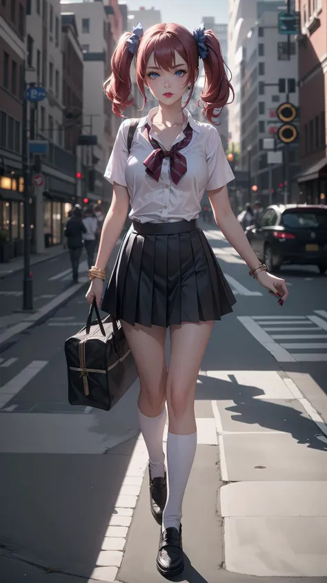 1girl, (tall, skinny, small breast), (suntan:1.2), (crimson red hair, Long Twintails, blue eyes), slightly makeup, red lips, perfect face, perfect eyes, detailed face, detailed eyes, school uniform, walking in the city, evil smirk,<lora:AnimeGal_v10:1>, gyaru:1.2, (master piece:1.2, best quality:1.2, perfect lighting, natural lighting, highres, 8K, 4K, UHD, Ultra Detailed 8K CG, extremely detailed CG unity 8k wallpaper, ultra high res, High quality texture, High quality shadow, vivid colors, soft HDR)