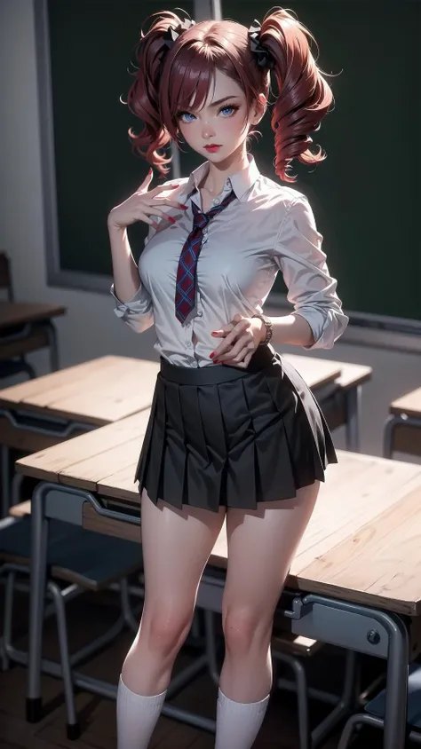 full body:1.2, cowboy shot, 1girl, (tall, skinny, small breast), (suntan:1.2), (crimson red hair, Long Twintails, blue eyes), slightly makeup, red lips, perfect face, perfect eyes, detailed face, detailed eyes, school uniform, classroom, evil smirk,<lora:AnimeGal_v10:1>, gyaru:1.2, (master piece:1.2, best quality:1.2, perfect lighting, natural lighting, highres, 8K, 4K, UHD, Ultra Detailed 8K CG, extremely detailed CG unity 8k wallpaper, ultra high res, High quality texture, High quality shadow, vivid colors, soft HDR)