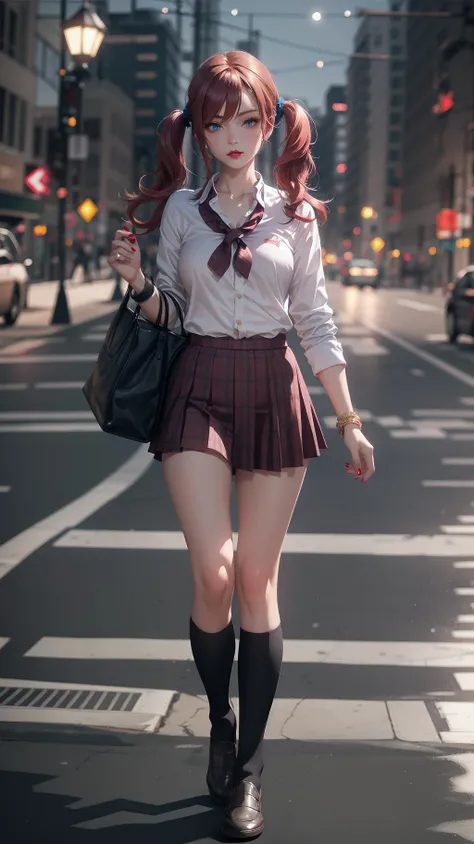 1girl, (tall, skinny, small breast), (suntan:1.2), (crimson red hair, Long Twintails, blue eyes), slightly makeup, red lips, perfect face, perfect eyes, detailed face, detailed eyes, school uniform, walking in the city, evil smirk,<lora:AnimeGal_v10:1>, gyaru:1.2, (master piece:1.2, best quality:1.2, perfect lighting, natural lighting, highres, 8K, 4K, UHD, Ultra Detailed 8K CG, extremely detailed CG unity 8k wallpaper, ultra high res, High quality texture, High quality shadow, vivid colors, soft HDR)