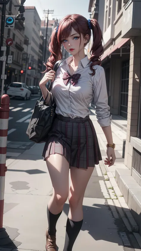 1girl, (tall, skinny, small breast), (suntan:1.2), (crimson red hair, Long Twintails, blue eyes), slightly makeup, red lips, perfect face, perfect eyes, detailed face, detailed eyes, school uniform, walking in the city, evil smirk,<lora:AnimeGal_v10:1>, gyaru:1.2, (master piece:1.2, best quality:1.2, perfect lighting, natural lighting, highres, 8K, 4K, UHD, Ultra Detailed 8K CG, extremely detailed CG unity 8k wallpaper, ultra high res, High quality texture, High quality shadow, vivid colors, soft HDR)