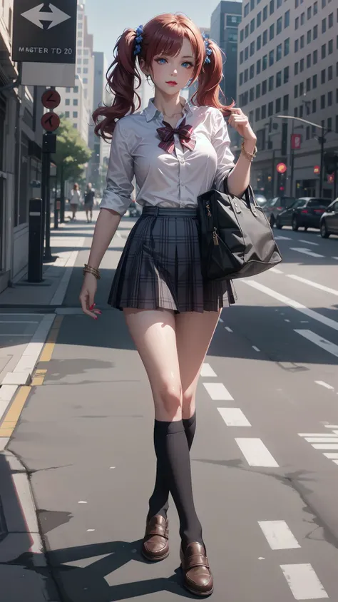 1girl, (tall, skinny, small breast), (suntan:1.2), (crimson red hair, Long Twintails, blue eyes), slightly makeup, red lips, perfect face, perfect eyes, detailed face, detailed eyes, school uniform, walking in the city, evil smirk,<lora:AnimeGal_v10:1>, gyaru:1.2, (master piece:1.2, best quality:1.2, perfect lighting, natural lighting, highres, 8K, 4K, UHD, Ultra Detailed 8K CG, extremely detailed CG unity 8k wallpaper, ultra high res, High quality texture, High quality shadow, vivid colors, soft HDR)