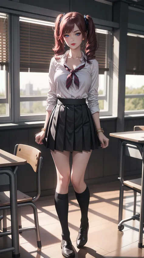 (full body:1.2), 1girl, (tall, skinny, small breast), (suntan:1.2), (crimson red hair, Long Twintails, blue eyes), slightly makeup, red lips, perfect face, perfect eyes, detailed face, detailed eyes, school uniform, classroom, (all fours:1.2), evil smirk,<lora:AnimeGal_v10:1>, gyaru:1.2, (master piece:1.2, best quality:1.2, perfect lighting, natural lighting, highres, 8K, 4K, UHD, Ultra Detailed 8K CG, extremely detailed CG unity 8k wallpaper, ultra high res, High quality texture, High quality shadow, vivid colors, soft HDR)