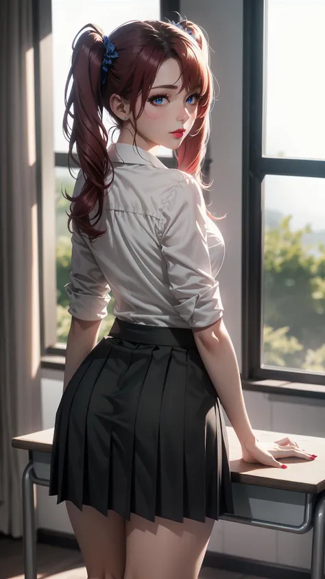 (from behind:1.4), 1girl, (tall, skinny, small breast), (suntan:1.2), (crimson red hair, Long Twintails, blue eyes), slightly makeup, red lips, perfect face, perfect eyes, detailed face, detailed eyes, school uniform, classroom, (leaning on the desk, bent over), evil smirk,<lora:AnimeGal_v10:1>, gyaru:1.2, (master piece:1.2, best quality:1.2, perfect lighting, natural lighting, highres, 8K, 4K, UHD, Ultra Detailed 8K CG, extremely detailed CG unity 8k wallpaper, ultra high res, High quality texture, High quality shadow, vivid colors, soft HDR)