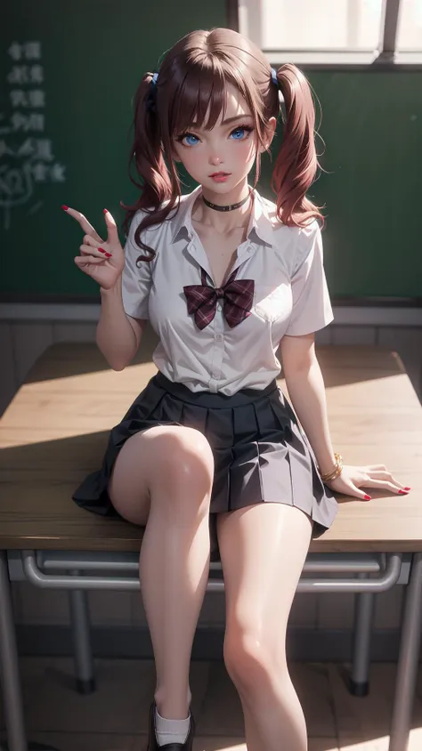 full body:1.2, from below:1.2, low angle, 1girl, (tall, skinny, small breast), (suntan:1.2), (crimson red hair, Long Twintails, blue eyes), slightly makeup, red lips, perfect face, perfect eyes, detailed face, detailed eyes, school uniform, classroom, evil smirk, (sitting on the desk, crossed legs),<lora:AnimeGal_v10:1>, gyaru:1.2, (master piece:1.2, best quality:1.2, perfect lighting, natural lighting, highres, 8K, 4K, UHD, Ultra Detailed 8K CG, extremely detailed CG unity 8k wallpaper, ultra high res, High quality texture, High quality shadow, vivid colors, soft HDR)