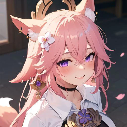 yae_miko_genshin, long_hair, pink_hair, bangs, purple_eyes, animal_ears, hair_between_eyes, fox_ears, jewelry, hair_ornament, earrings, smile, breasts, large_breasts, blush, open clothes