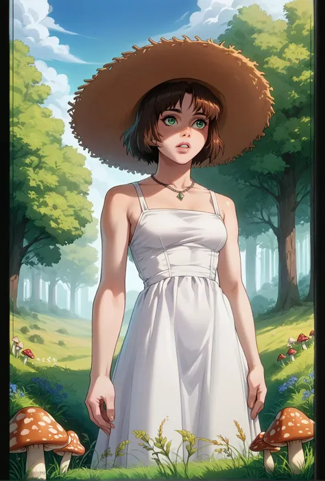 score_9,score_8_up,score_7_up,score_6_up,score_5_up,score_4_up rating_questionable, witchyset24, 1girl,solo,short hair,brown hair,hat,dress,jewelry,green eyes,flower,outdoors,parted lips,necklace,white dress,tree,lips,grass,nature,freckles,sun hat,straw hat,mushroom <lora:IlyaKuvshinovXL:0.8>, <lora:PopogoriXL:0.8>, rimlight, <lora:Smooth Anime 2 Style SDXL_LoRA_Pony Diffusion V6 XL:0.8>, colored outlines, <lora:GITS1995_XL:0.8>