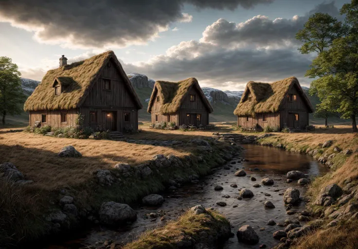 A beautyfull landscape with old houses in viking style with fields nad cattles and small river, photography, photorealistic, high res, 4k, 8k , highly detailed and sharp focus, stunningly beautiful, cinematic lighting, dusk, sunshine visalbe rays, oclusion <lora:add_detail:1>