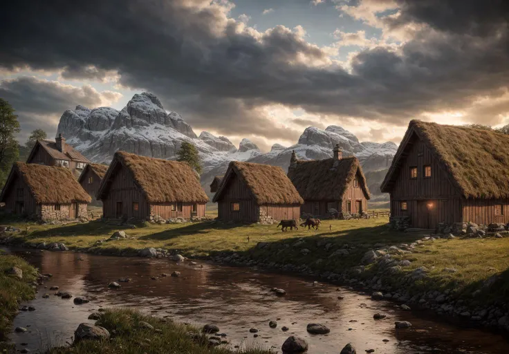 A beautyfull landscape with old houses in viking style with fields nad cattles and small river, photography, photorealistic, high res, 4k, 8k , highly detailed and sharp focus, stunningly beautiful, cinematic lighting, dusk, sunshine visalbe rays, oclusion <lora:add_detail:1>